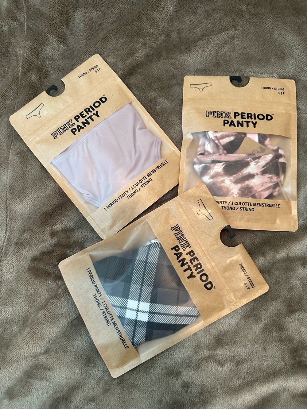 PINK Period Panty Thong Bundle - Pink, Black Plaid, Mauve